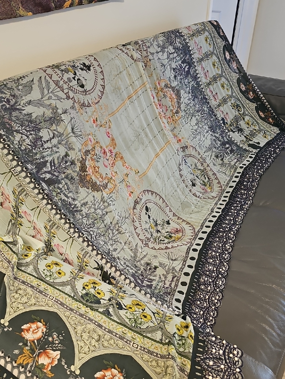 Pakistani Inspired Floral Garden Throw Cover in Sage Green/black W/Pearls 46" 86
